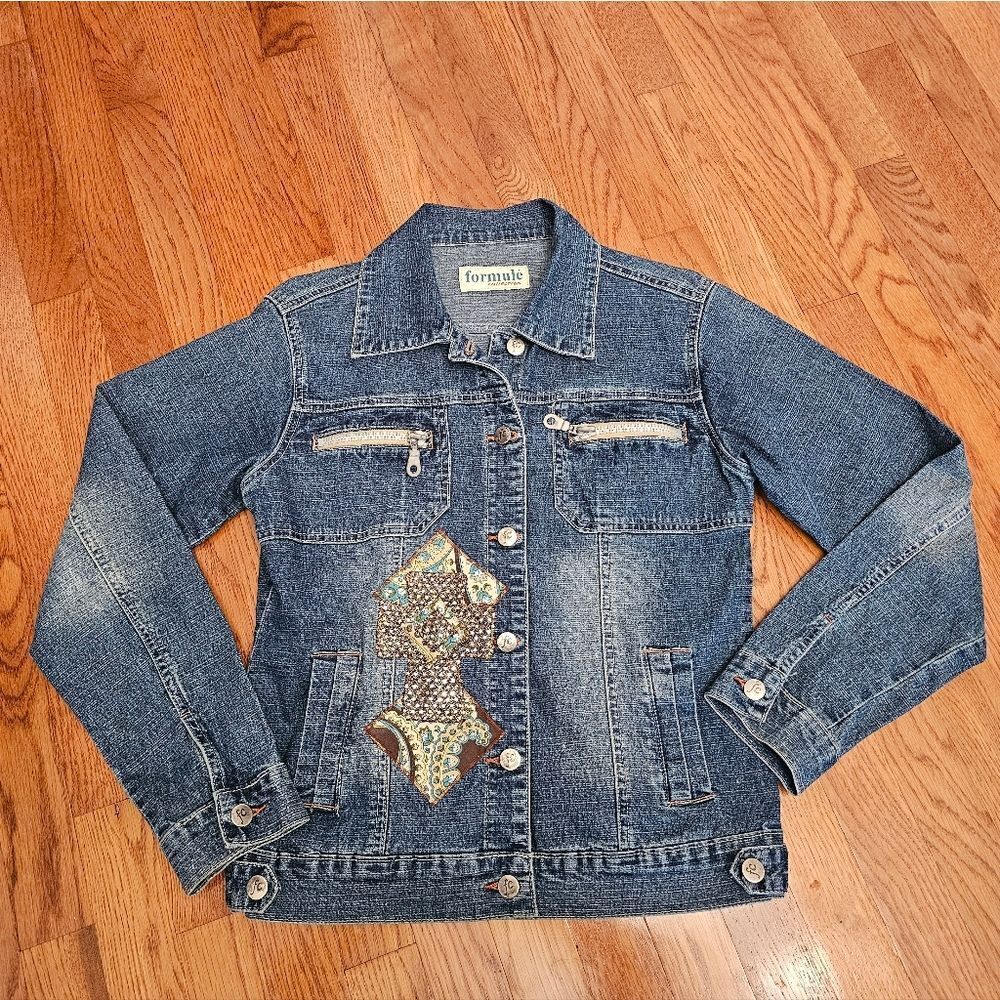 Formule Collection Denim Jacket Custom Patchwork Paisley Diamond Y2K"